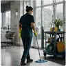 A cleaner working through a commercial space