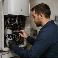 A heating engineer working on an open boiler