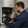 A heating engineer working on an open boiler