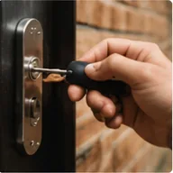 A locksmith working on a door lock