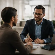 A mortgage broker meeting a client across a desk