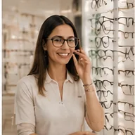 An optician helping a customer choose frames
