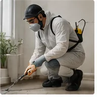 A pest controller treating a property in protective kit